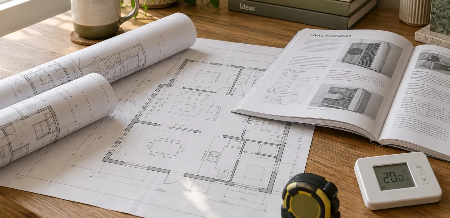 Preparar un proyecto de climatización Planos de vivienda, un termostato y herramientas de medición sobre una mesa