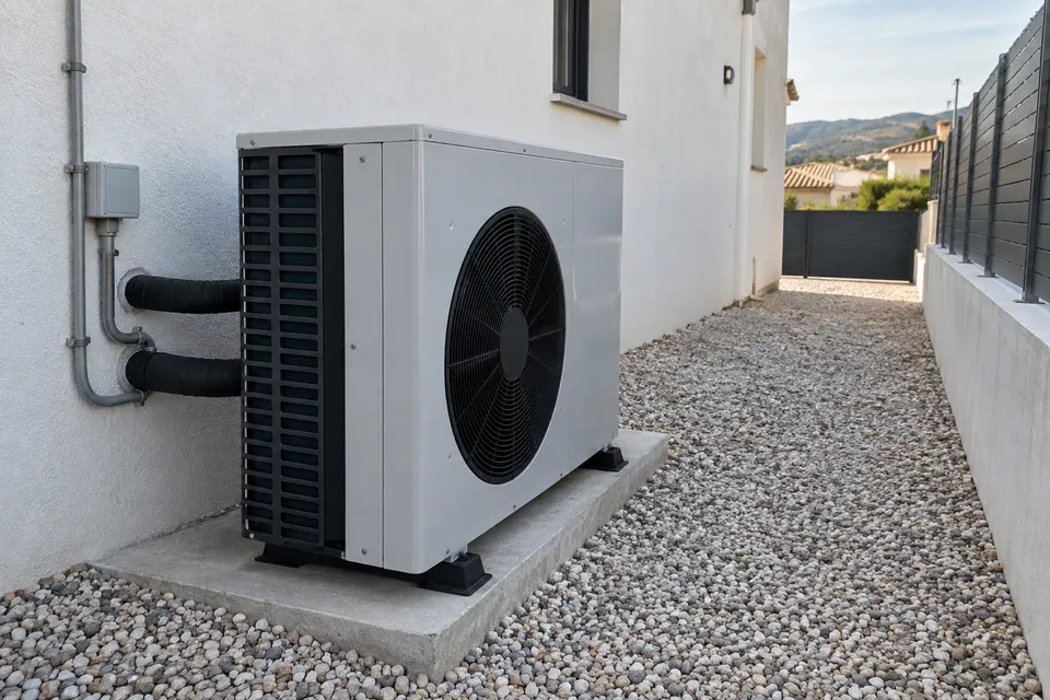 Bomba de calor aire-agua exterior con ventilador y tuberías aisladas junto a una casa
