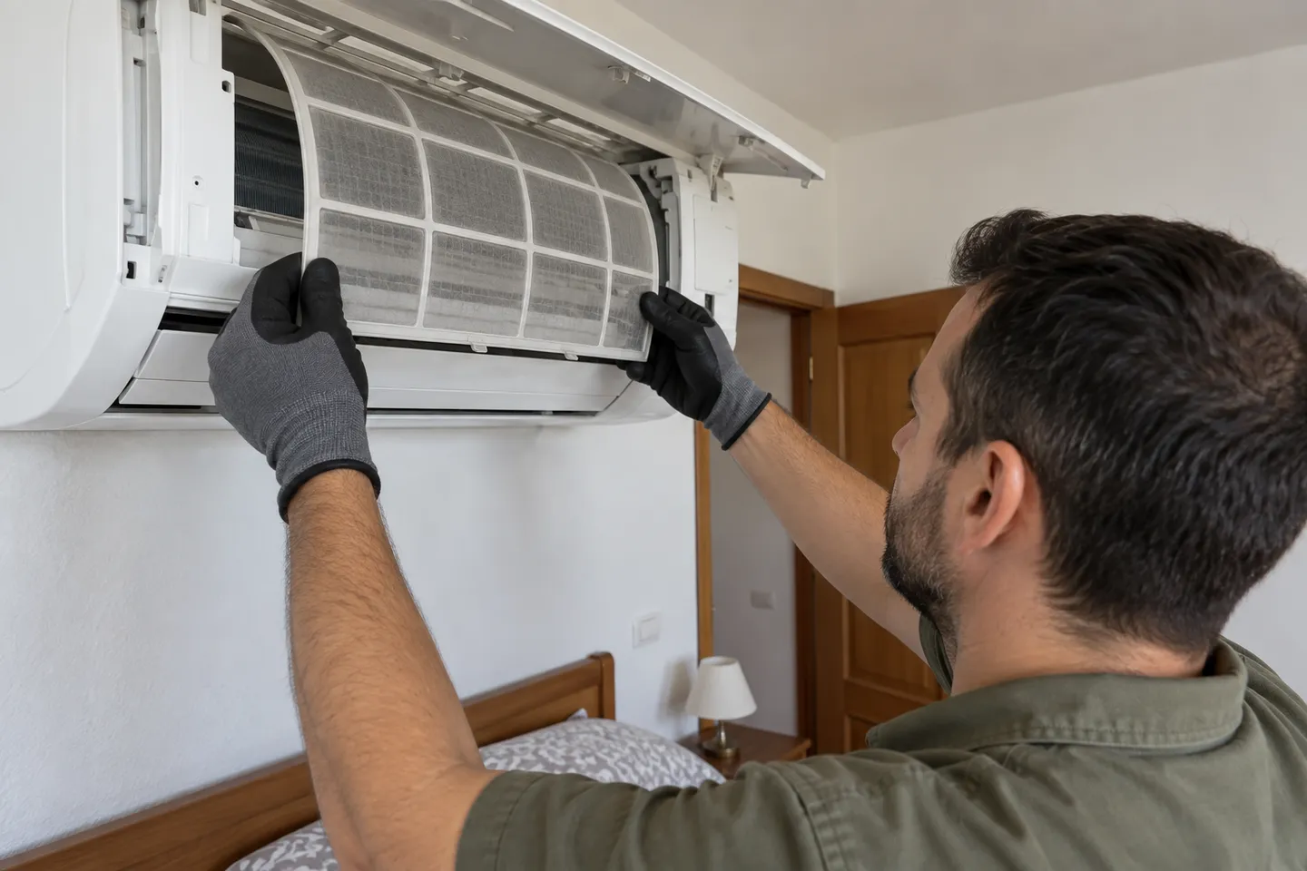 Filtro accesible de un equipo split Retirada de un filtro de malla de una unidad interior de aire acondicionado