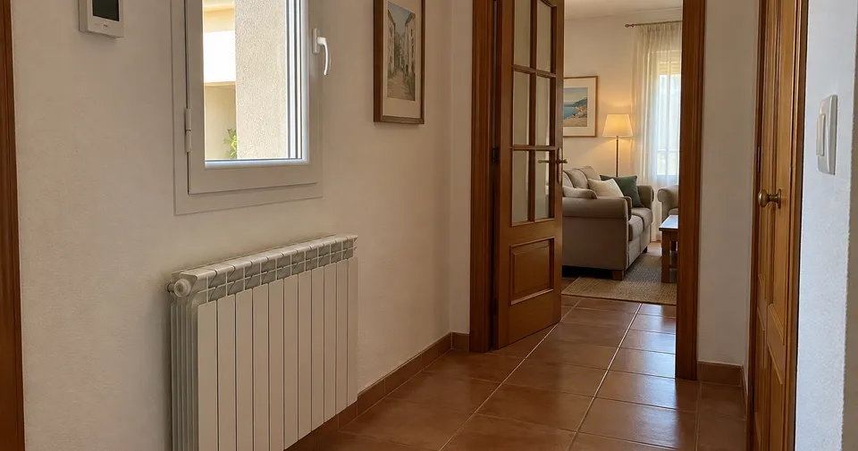Radiador y termostato en un pasillo que comunica con el salón