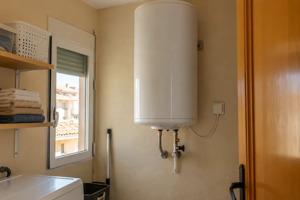 Termo eléctrico cilíndrico vertical con dos conexiones de agua inferiores